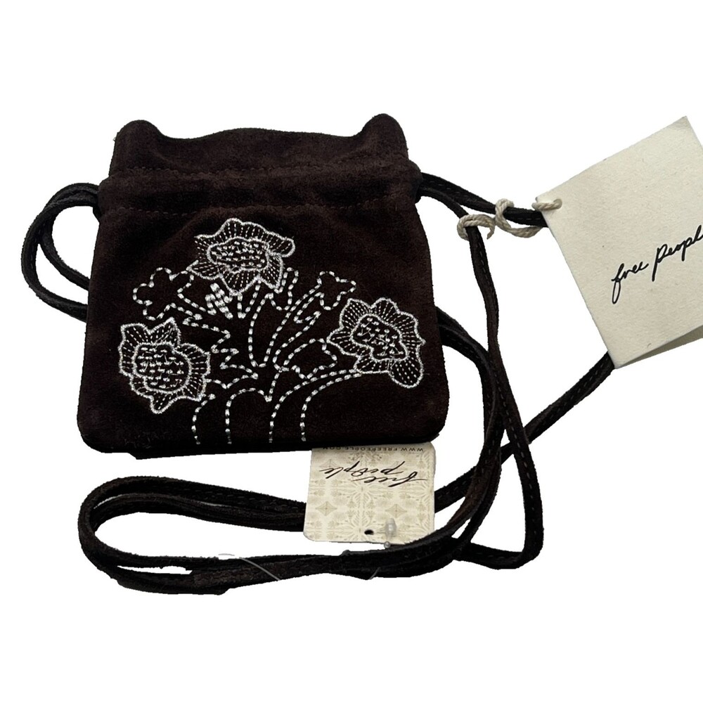 Free People Suede Crossbody Pouch Bag Embroidered Floral Brown Boho